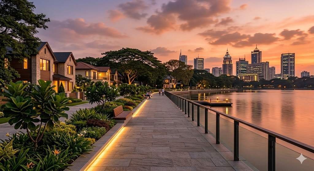 Waterfront promenade at sunset