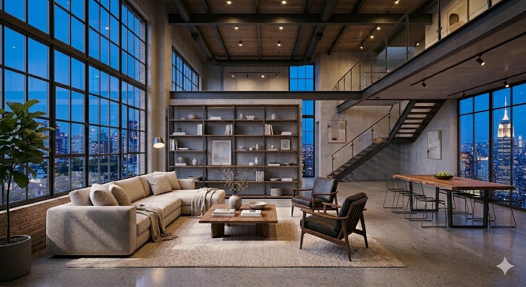 Penthouse living room with panoramic city view